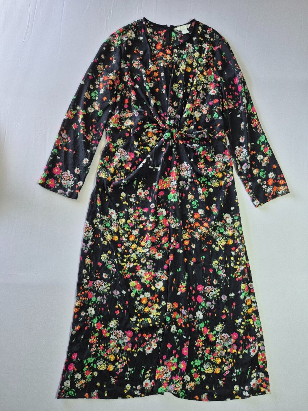 H&M Black Floral Twist Front Midi Maxi Dress Size L Long Sleeve Knot Front